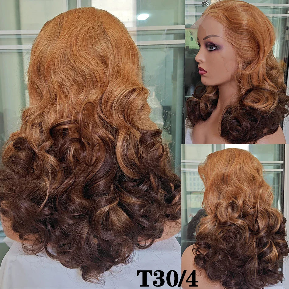 100% Malaysia Hair Bouncy Curly Wigs 250 Density Ombre Double Drawn Hair Glueless Wigs 100% Human Hair 13x4 HD Lace Frontal Wigs